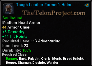 In-game tooltip for Tough Leather Farmer's Helm