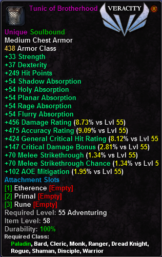 In-game tooltip for Tunic of Brotherhood