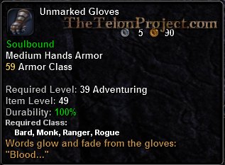 In-game tooltip for Unmarked Gloves
