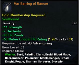 In-game tooltip for Var Earring of Rancor