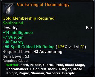 In-game tooltip for Var Earring of Thaumaturgy