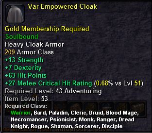 In-game tooltip for Var Empowered Cloak