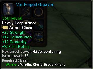 In-game tooltip for Var Forged Greaves