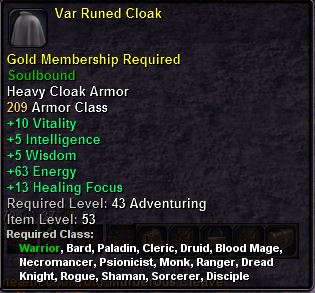 In-game tooltip for Var Runed Cloak
