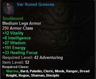 In-game tooltip for Var Runed Greaves