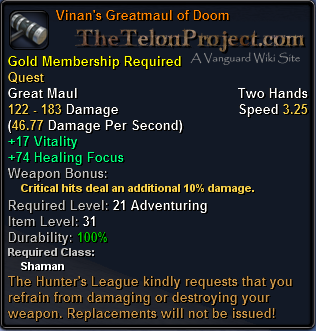 In-game tooltip for Vinan's Greatmaul of Doom