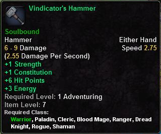 In-game tooltip for Vindicator's Hammer
