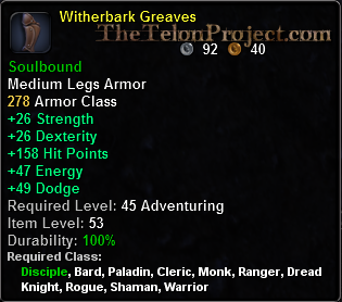 In-game tooltip for Witherbark Greaves