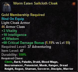 In-game tooltip for Worm Eaten Sailcloth Cloak