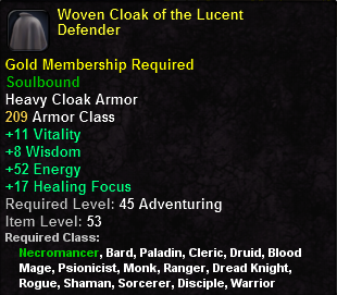 In-game tooltip for Woven Cloak of the Lucent Defender