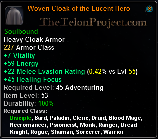 In-game tooltip for Woven Cloak of the Lucent Hero