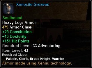 In-game tooltip for Xenocite Greaves