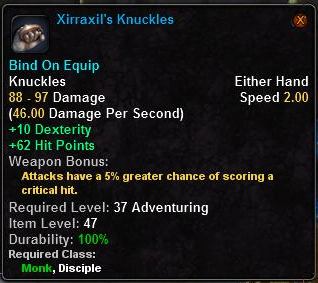 In-game tooltip for Xirraxil's Knuckles