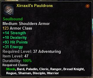 In-game tooltip for Xirraxil's Pauldrons