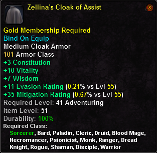 In-game tooltip for Zellina's Cloak of Assist