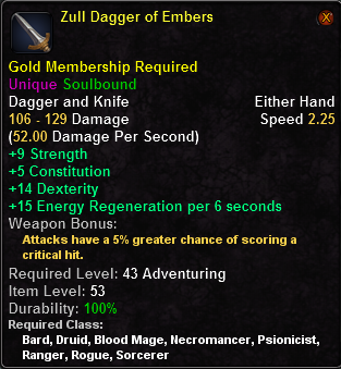 In-game tooltip for Zull Dagger of Embers
