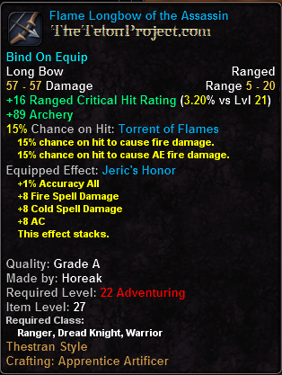 In-game tooltip for Flame Longbow of the Assassin