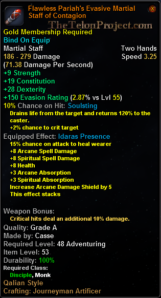 In-game tooltip for Flawless Pariah's Evasive Martial Staff of Contagion
