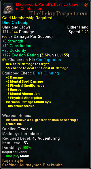 In-game tooltip for Masterwork Pariah's Evasive Claw of Combustion