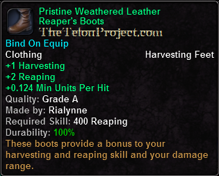 In-game tooltip for Pristine Weathered Leather Reaper's Boots