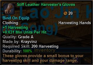 In-game tooltip for Stiff Leather Harvester's Gloves