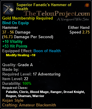 In-game tooltip for Superior Fanatic's Hammer of Health