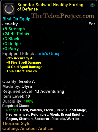 In-game tooltip for Superior Stalwart Healthy Earring of Defense