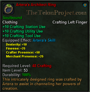 In-game tooltip for Artera's Architect Ring