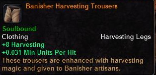 In-game tooltip for Banisher Harvesting Trousers