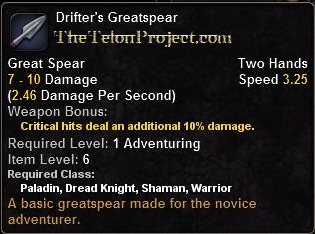 In-game tooltip for Drifter's Greatspear