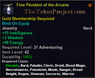 In-game tooltip for Fine Pendant of the Arcane