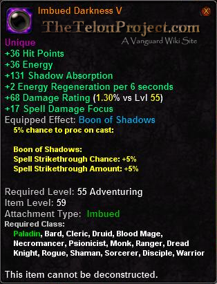 In-game tooltip for Imbued Darkness V