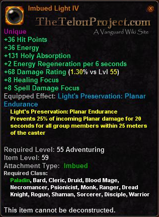 In-game tooltip for Imbued Light IV