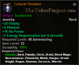 In-game tooltip for Cobaris' Pendant