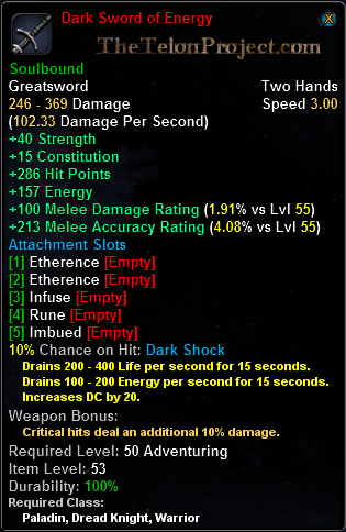 In-game tooltip for Dark Sword of Energy