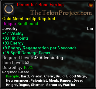 In-game tooltip for Demetrius' Bone Earring