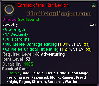In-game tooltip for Earring of the 12th Legion