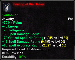 In-game tooltip for Earring of the Delver