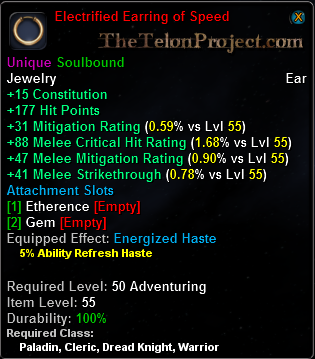 In-game tooltip for Electrified Earring of Speed
