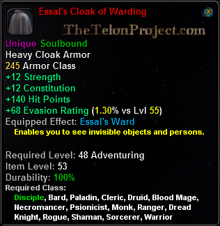 In-game tooltip for Essal's Cloak of Warding