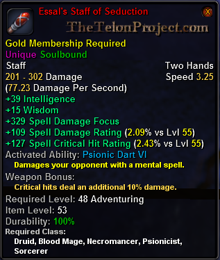 In-game tooltip for Essal's Staff of Seduction
