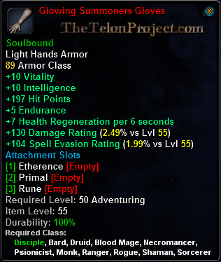 In-game tooltip for Glowing Summoners Gloves