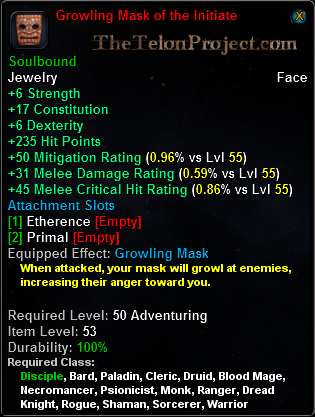 In-game tooltip for Growling Mask of the Initiate