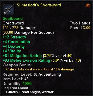 In-game tooltip for Slimesloth's Shortsword