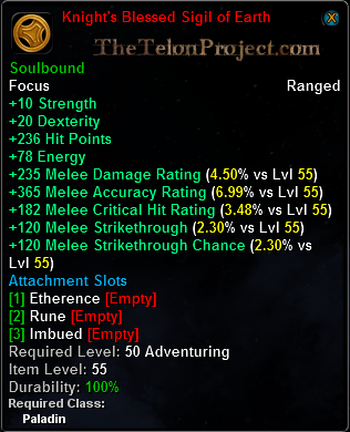 In-game tooltip for Knight's Blessed Sigil of Earth
