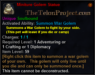 In-game tooltip for Miniture Golem Statue