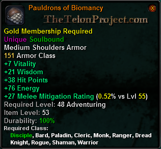 In-game tooltip for Pauldrons of Biomancy
