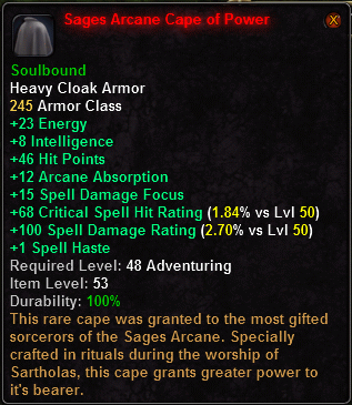 In-game tooltip for Sages Arcane Cape of Power