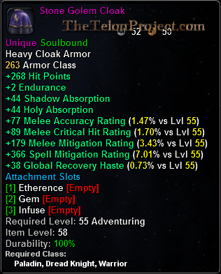 In-game tooltip for Stone Golem Cloak
