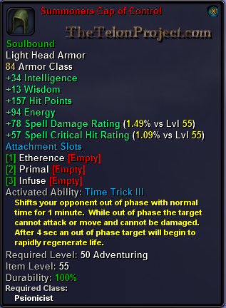 In-game tooltip for Summoner's Cap of Control
